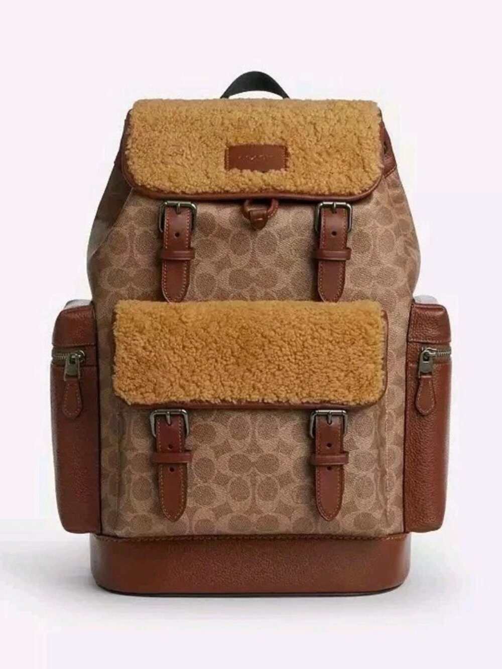 New! Coach Men's Sprint Backpack In Signature Canvas Gunmetal/Tan/Vintage Brwn